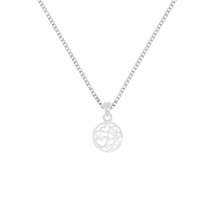 small cut out hearts in a circular border pendant and curb chain in silver
