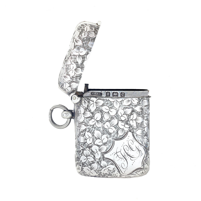 silver antique leaf initials vesta case hallmark