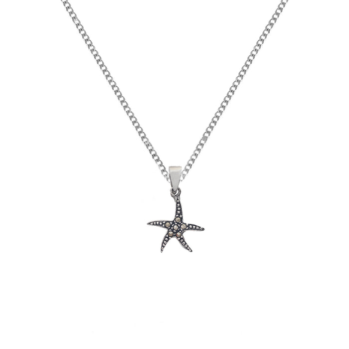 starfish pendant with marcasite stones and a curb link chain all in sterling silver
