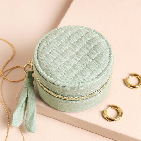 mint fabric round zipped jewellery travel case with tassle