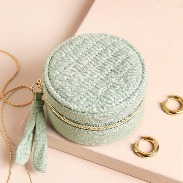 mint fabric round zipped jewellery travel case with tassle