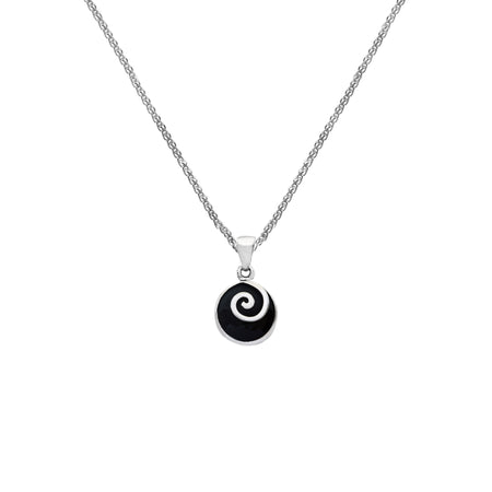 round silver swirl pendant with cabochon onyx pendant on a silver spiga chain