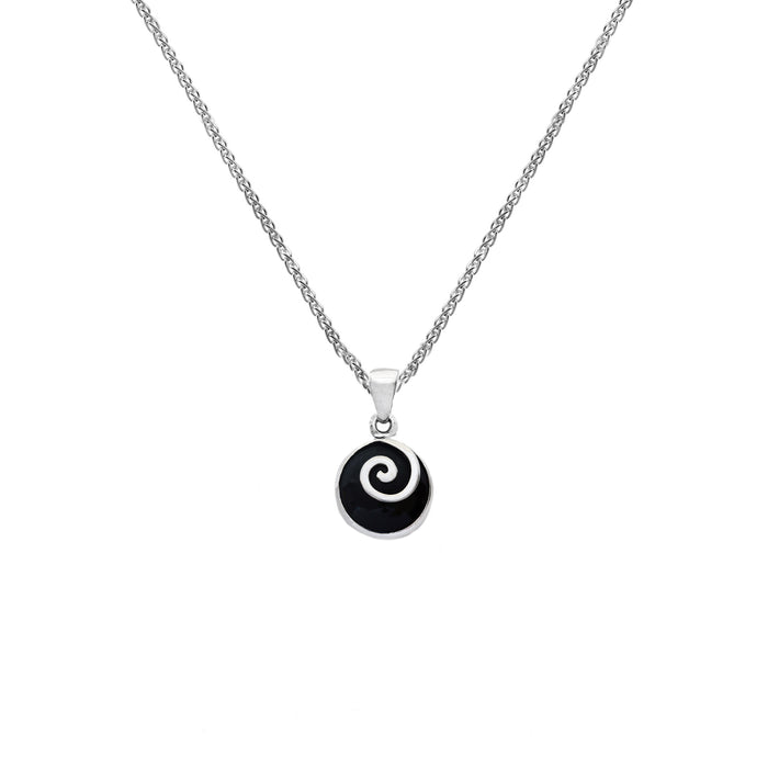 round silver swirl pendant with cabochon onyx pendant on a silver spiga chain