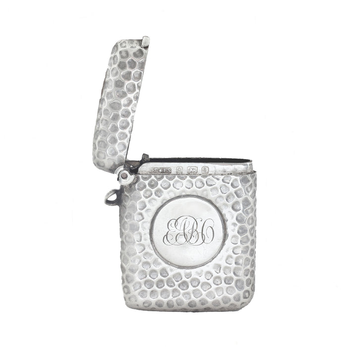 silver vesta case with hallmark and hammered pattern with initials