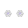 a flower shaped pair of silver studs with purple crystal stones in centre open cut
