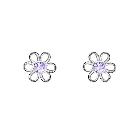 a flower shaped pair of silver studs with purple crystal stones in centre open cut
