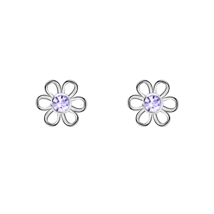 a flower shaped pair of silver studs with purple crystal stones in centre open cut
