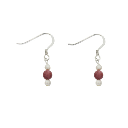 pair of silver drop earrings with pink and pearl beads