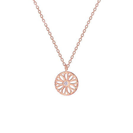 rose plated silver floral cut out pendant with white stone on a belcher chain