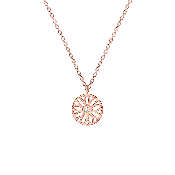 rose plated silver floral cut out pendant with white stone on a belcher chain