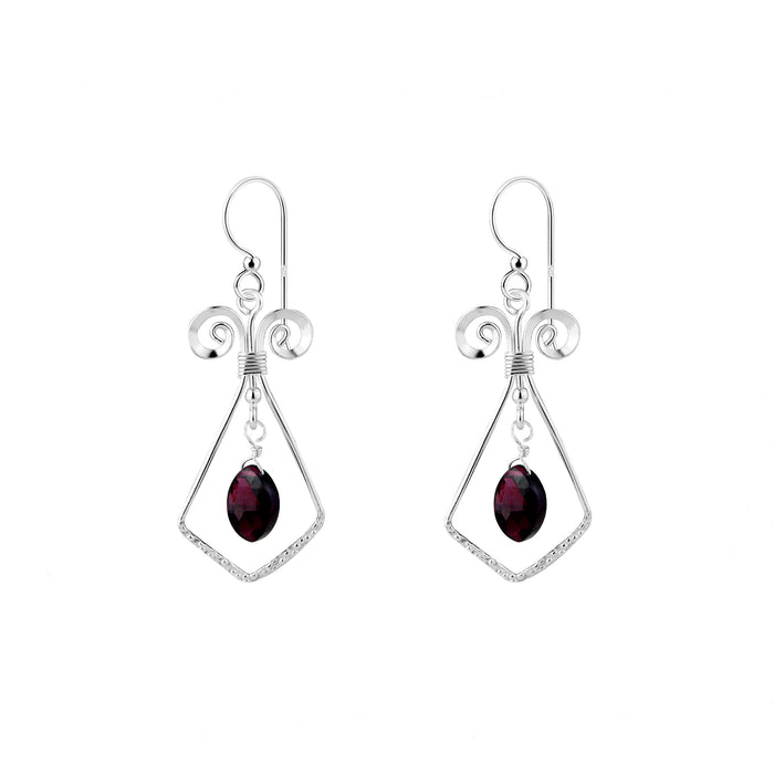 geometric drop earrings in silver with oval garnet stones