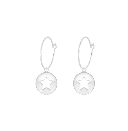 silver star round disc hoop earrings