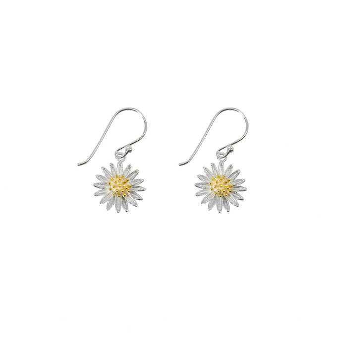 daisy flower drop earrings in silver and 18 carat yellow gilded centre