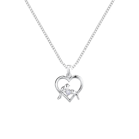 a pair of love birds sitting in a heart border on a curb chain all in silver