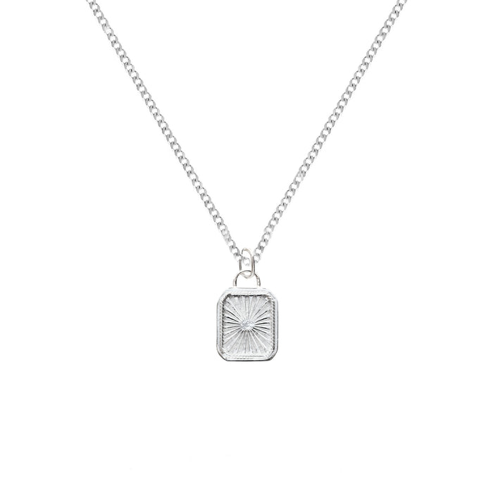 sunburst flat silver pendant with curb chain all in sterling silver