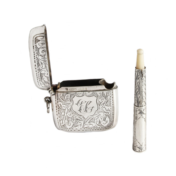 floral silver vesta case and cigarette holder