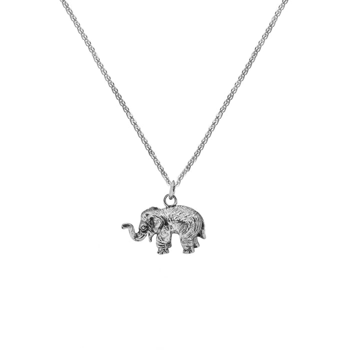 a walking elephant pendant on a silver chain