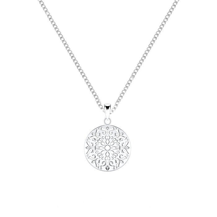 circular cut out filigree pendant and curb chain all in silver