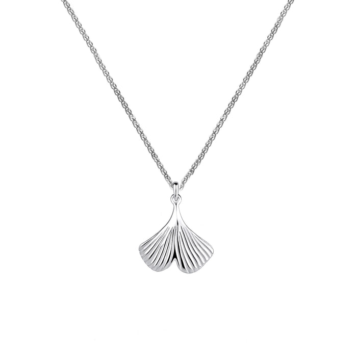 a ginkgo leaf pendant on a silver spiga chain