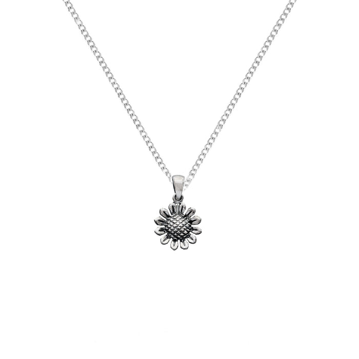 small sunflower pendant on a curb link chain in silver