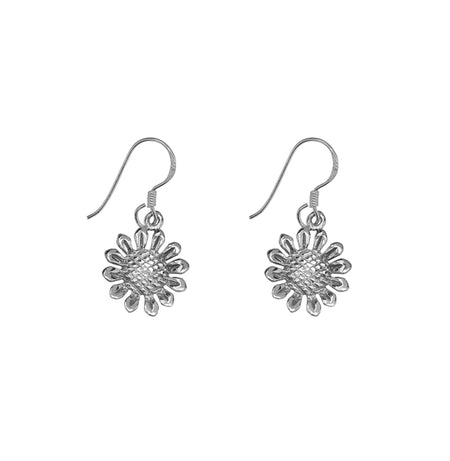 silver pair of sunflower drop earrings
