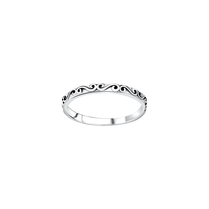 a swirl design repeated on a slim silver band
