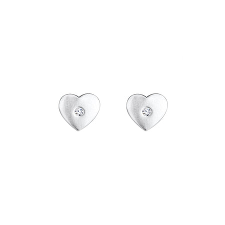 satin finish heart shaped crystal stud earrings in silver