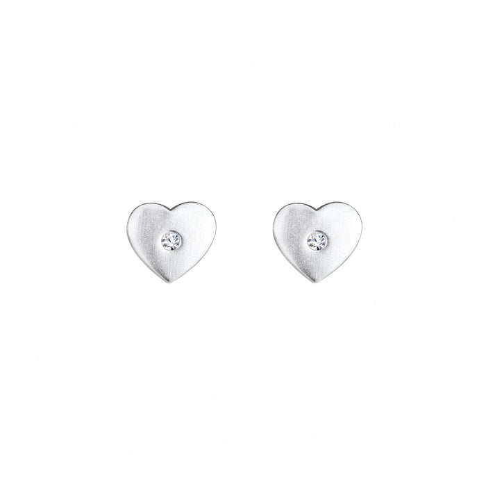 satin finish heart shaped crystal stud earrings in silver